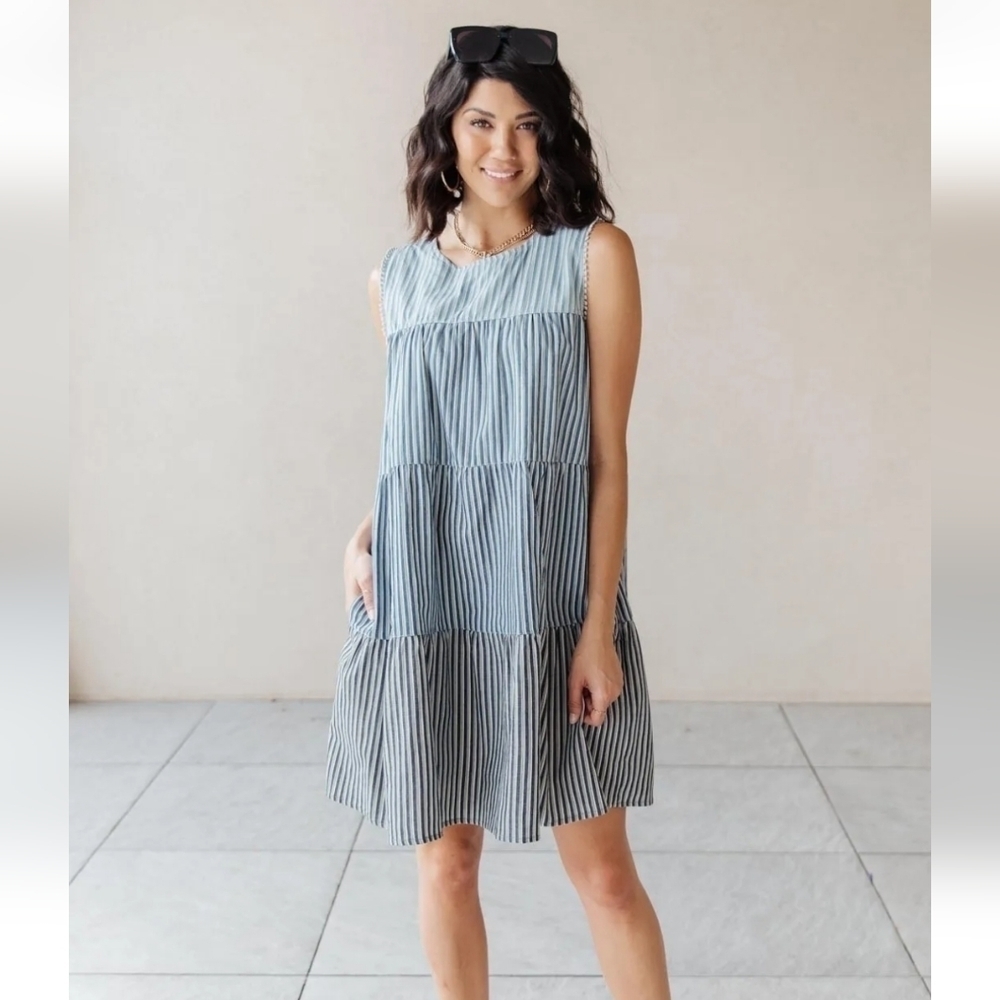 NEW Cotton Bleu Ocean Waves Tiered Cotton Dress 2-Toned Stripes Blue Sz XS NWT